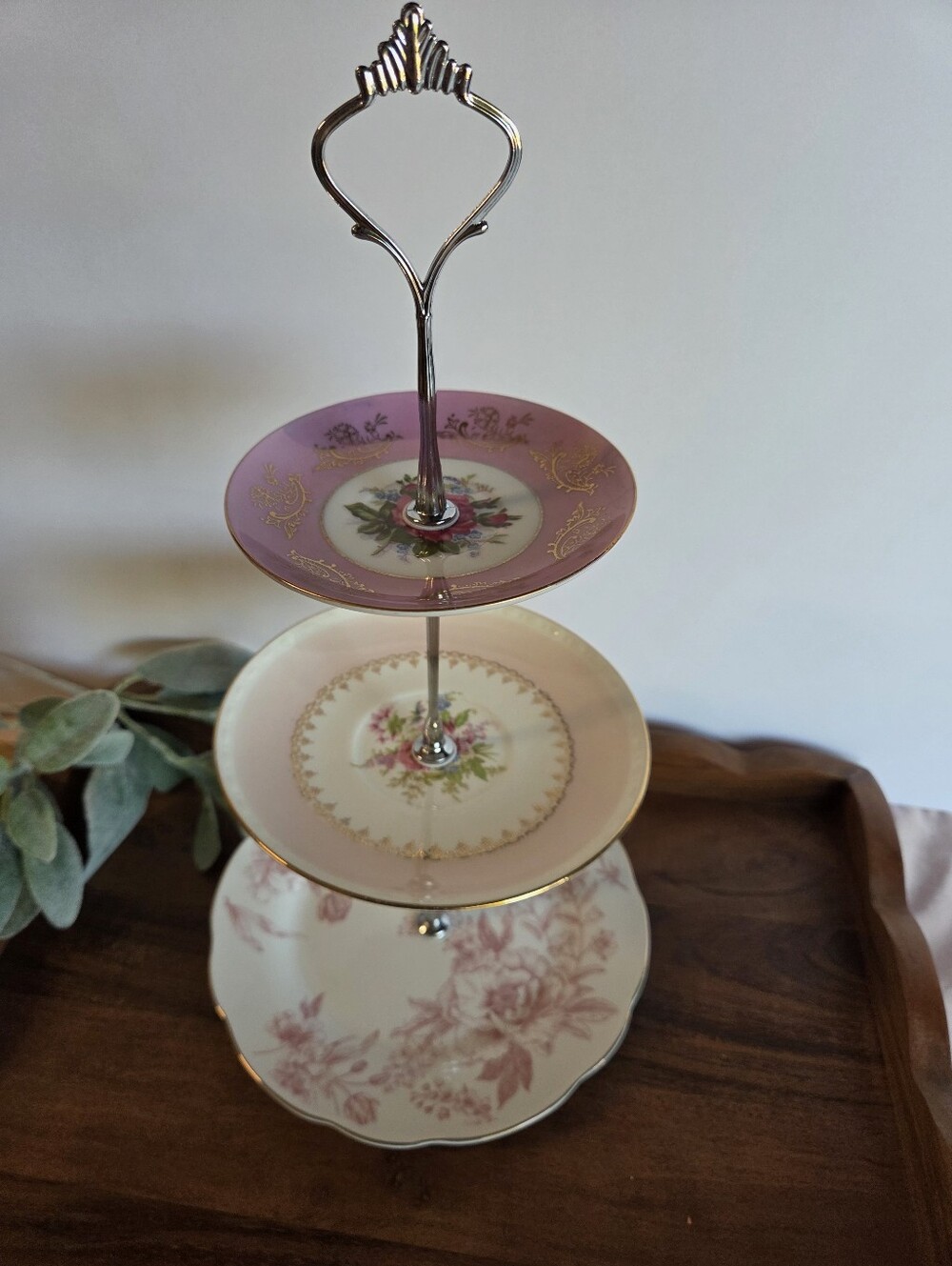 Vintage Mixed Pink Floral China 3 Tiered Dessert Stand